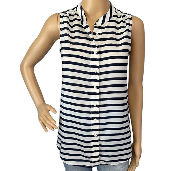 2/$15 J. Crew Draped Striped Tank Top Navy Blue White Button Front Size 00 - Picture 2 of 11